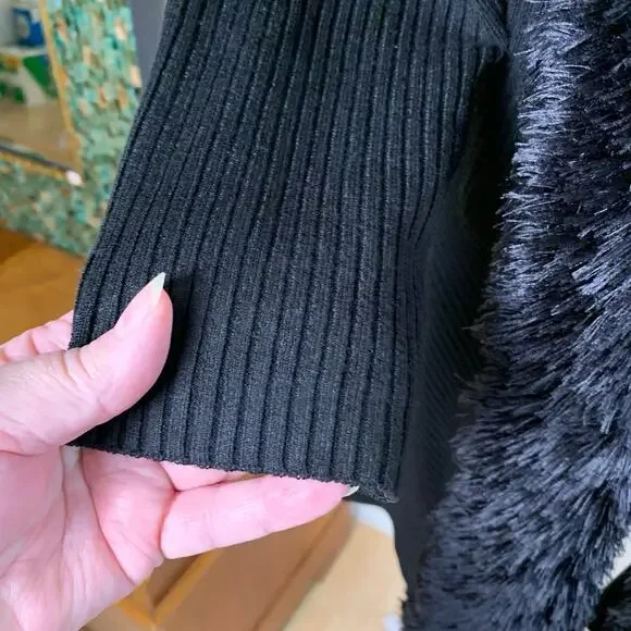 Vintage Lauren Michelle Black Ribbed Knit Cardigan Faux Fur Size L Soft & Cozy - Picture 7 of 9